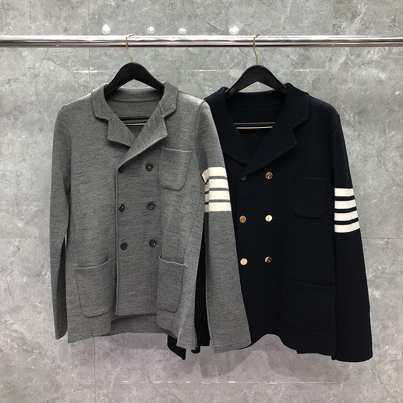 tb开衫外套男士西装领双排扣加绒加厚针织衫秋冬男女情侣装慵懒风