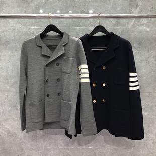 tb开衫外套男士西装领双排扣加绒加厚针织衫秋冬男女情侣装慵懒风