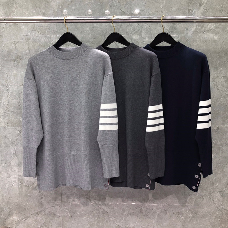 tb潮牌毛衣男针织衫开衫条纹圆领长袖纯棉潮流韩版刺绣宽松连帽潮