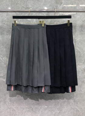 TB百褶裙中长A字裙灰色开叉经典款高腰显瘦长裙百褶复古半身裙潮