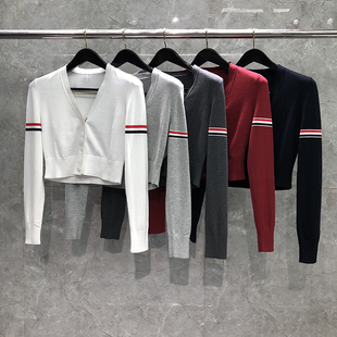 TB短款开衫女秋冬新款韩版平纹双袖色织红白蓝针织衫潮牌显瘦修身