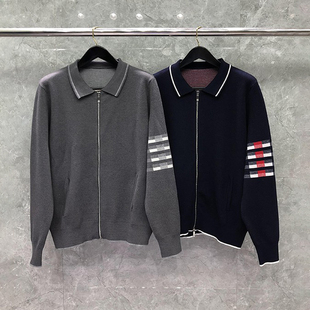 TB毛衣拉链开衫男女同款修身翻领四道杠长颈鹿提花毛针织衫外套潮