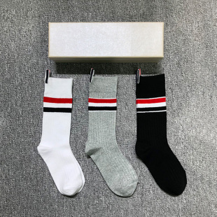 TB四杠中筒袜子男女情侣同款 潮牌纯棉中长筒红白蓝条纹运动袜长袜