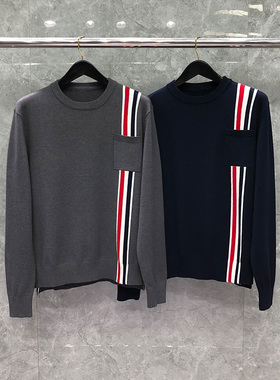 TB毛衣红白蓝色织男女情侣装同款宽松口袋套头圆领针织衫外套潮牌