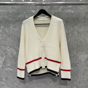 tb开衫红蓝镶边挑孔2026秋冬季新款女装上衣复古内织带毛衣针织衫