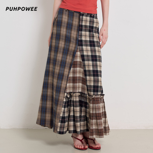 不规则设计感纯棉长裙 格子补丁半身裙 Puhpowee 复古面料拼接