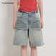 磨破猫须阔腿中裤 复古棉浅色牛仔五分裤 女 重磅洗水 Puhpowee