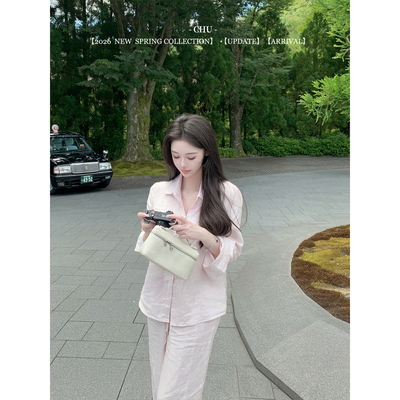 CHU小初/浅水粉亚麻套装/绝美定染 精致重工衬衫长裤套装