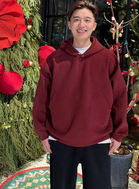 周洲服饰秋冬重磅空气层纯色扣立体裁剪宽松休闲连帽情侣卫衣帽衫