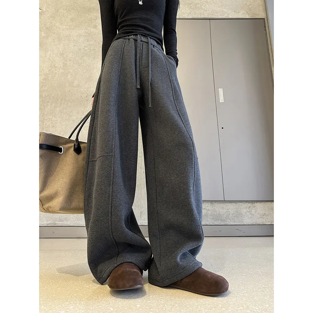 动感少女加绒加厚美式复古休闲运动裤女冬季宽松设计感高腰阔腿裤