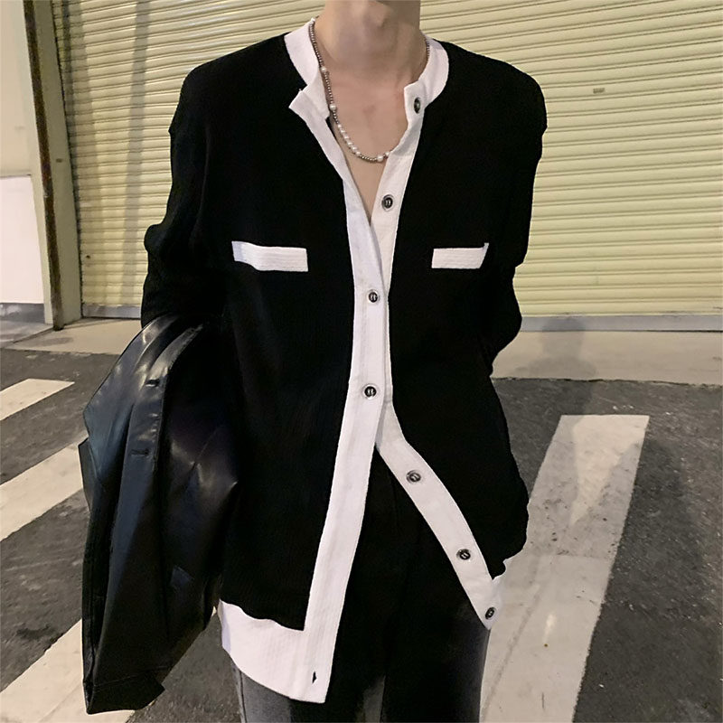 精致学院小香风外套男春秋季韩风休闲宽松开衫毛衣黑白复古针织衫