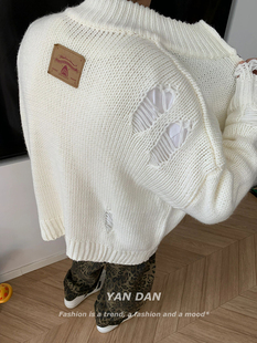 秋季慵懒风潮牌复古做旧破洞流苏白色拉链开衫毛衣外套男女款INS