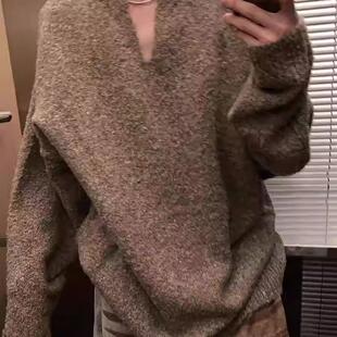 美式保暖v领套头圈圈纱毛衣男女秋冬新款慵懒休闲宽松针织衫外套