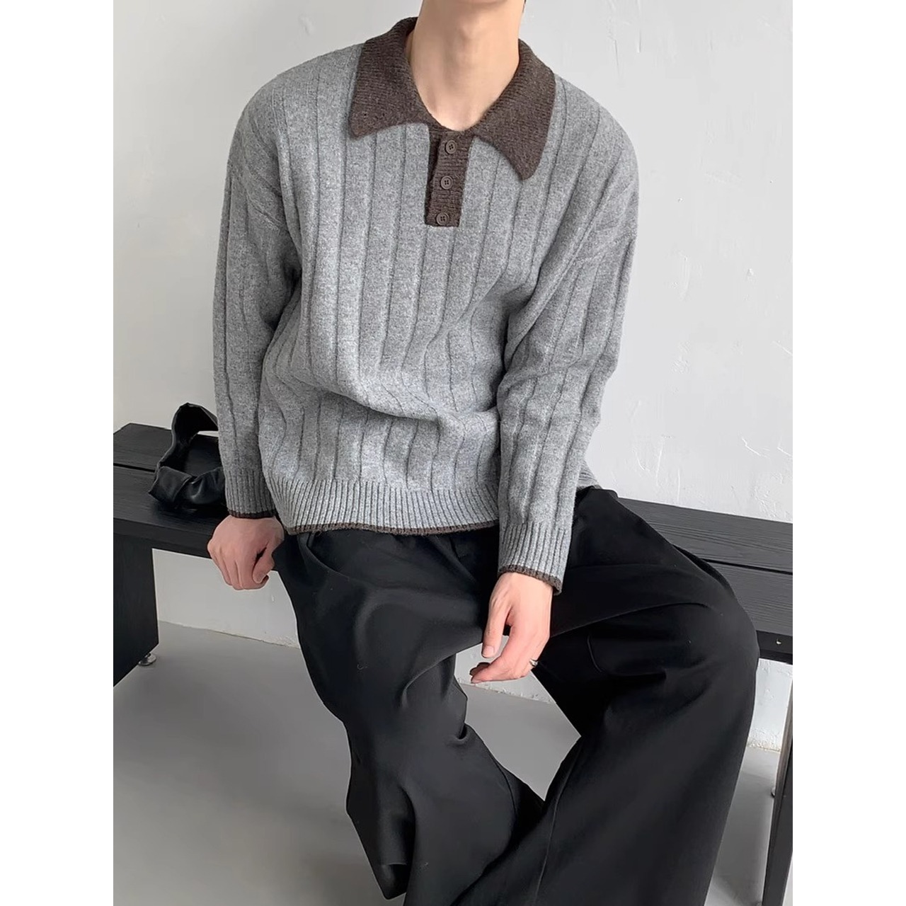 秋冬季复古老钱风撞色拼接polo领毛衣男女高级感慵懒风翻领针织衫