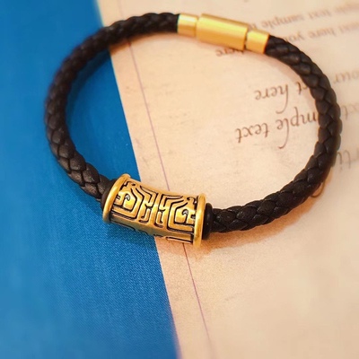 黄金999足金饕餮手串3D硬金路路通转运珠手链男女串金珠吊坠皮绳