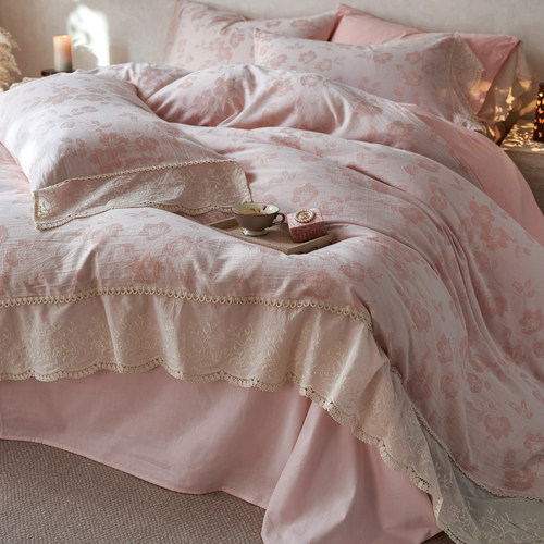 全棉磨毛色织提花四件套长绒棉床单被套法式复古风蕾丝纯棉秋冬款