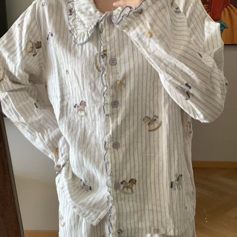 新品！卡通木马人纯棉双层纱花边长袖睡衣女春秋季家居服套装外穿图片