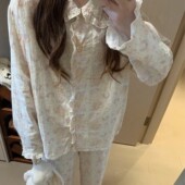 2026年春季 睡衣套装 新款 长裤 女士 全棉双层纱荷叶边长袖 奶酪小狗