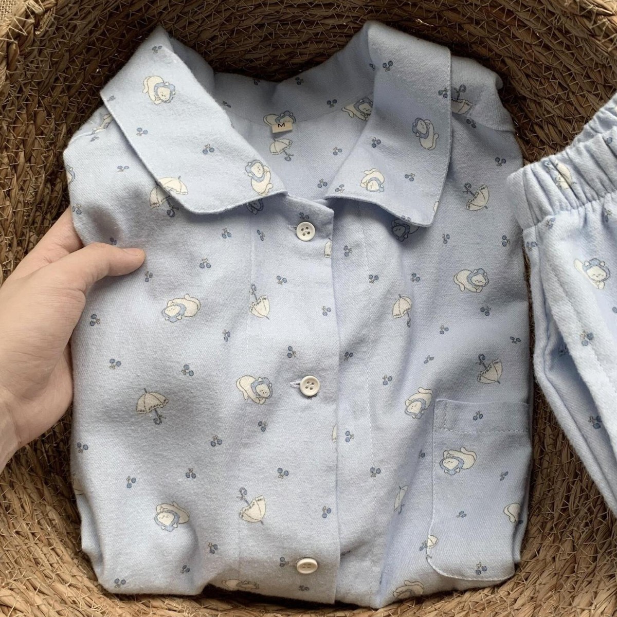 新品~蓝雨伞樱桃小猫全棉磨毛家居服翻领长袖长裤睡衣套装可外穿