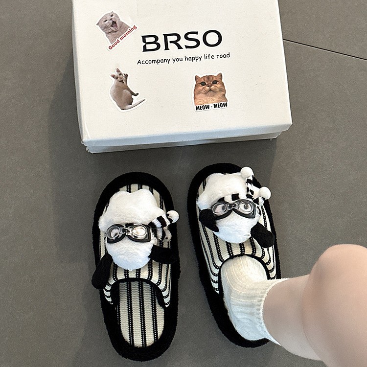 日式可爱卡通眼镜小狗毛毛拖鞋女2025秋冬新款外穿居家一字棉拖鞋