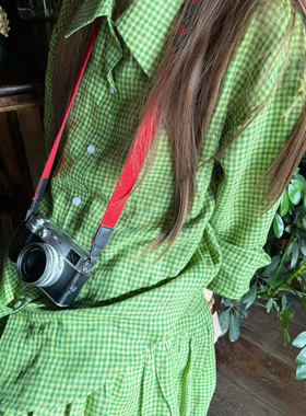 4video自制进口纯亚麻草绿色森系显白小众文艺长袖衬衫半身裙套装