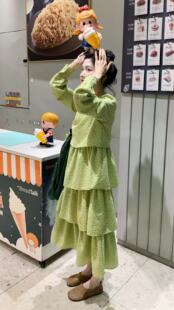 波点三层大蛋糕裙长袖 经典 甜美连衣裙 两色马卡龙色系 4video自制