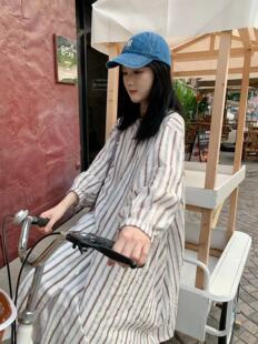 [换厂大清仓]4video森系黑巧薄荷咖条纹 休闲百搭衬衫连衣裙外套