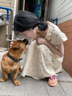 收腰娃娃领可爱连衣裙 短袖 4video自制 学院风奶盖色碎花乖乖女