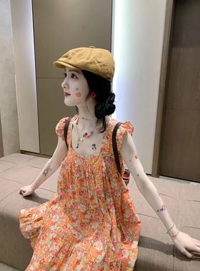 4video自制 彩橙色烟花大会jue美碎花散漫背心吊带裙无袖连衣裙