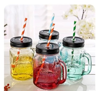 渐变色梅森杯创意带手柄吸管玻璃杯美式字母带盖果汁饮料杯公鸡杯