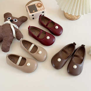 韩版珍珠女童皮鞋春秋儿童浅口单鞋玛丽珍红色公主鞋软底宝宝船鞋