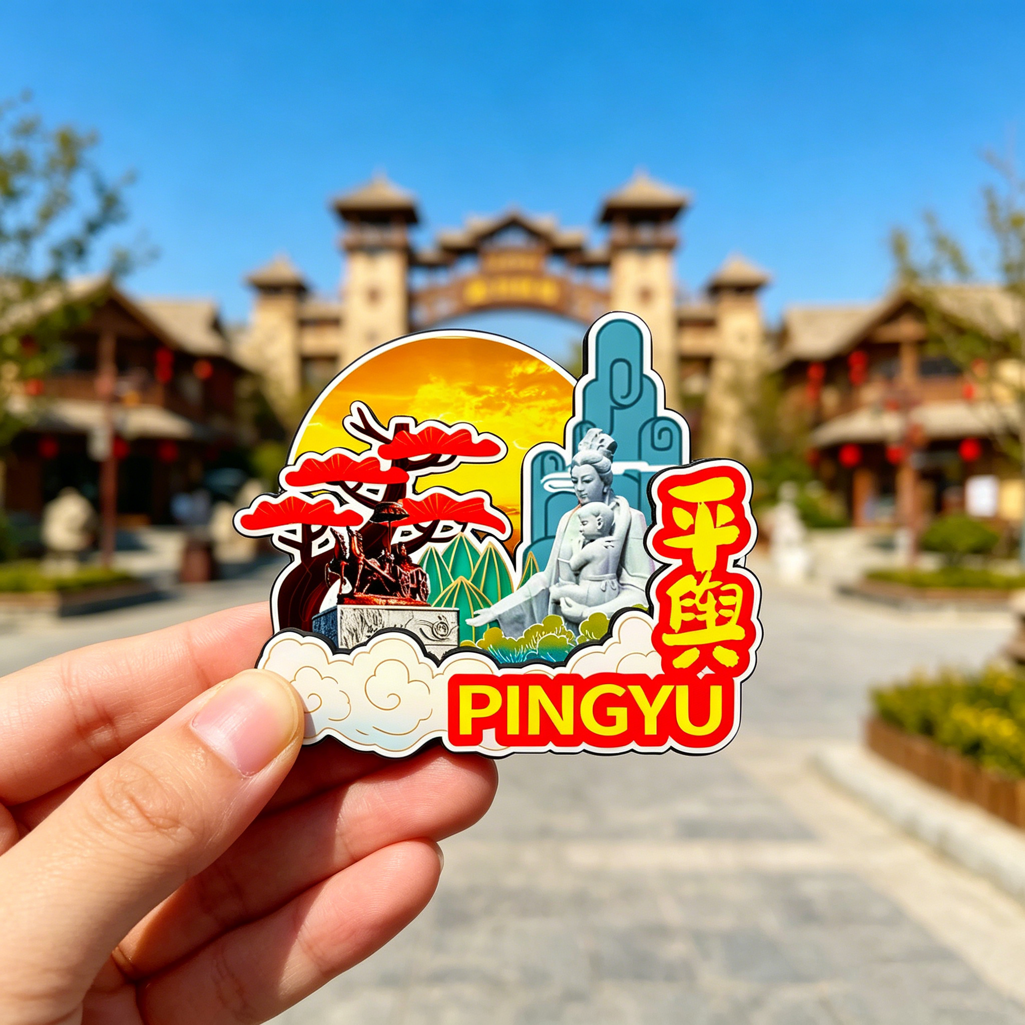木质磁吸冰箱贴平舆蓝天芝麻小镇金沙湾挚园旅游文创纪念品伴手礼 - 实物图