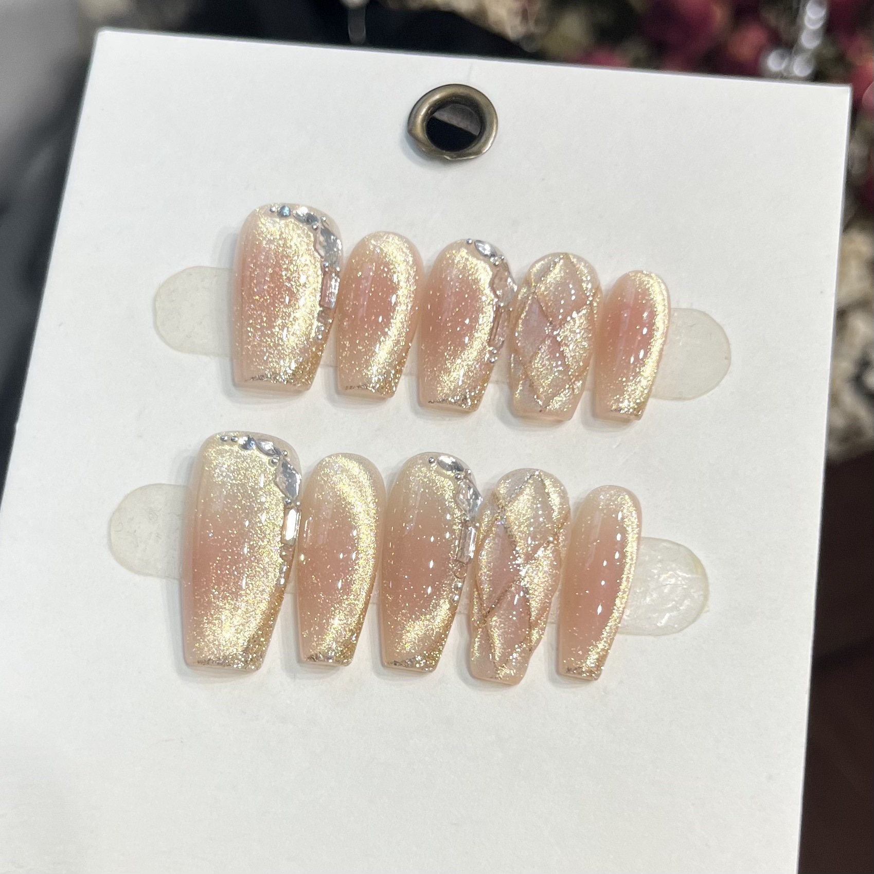 鎏金菱镜纯手工穿戴甲腮红猫眼穿戴甲显白气质高级格纹细闪美甲贴