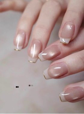 金边玻璃珠猫眼简约白色法式纯手工穿戴甲高级氛围感气质短款美甲