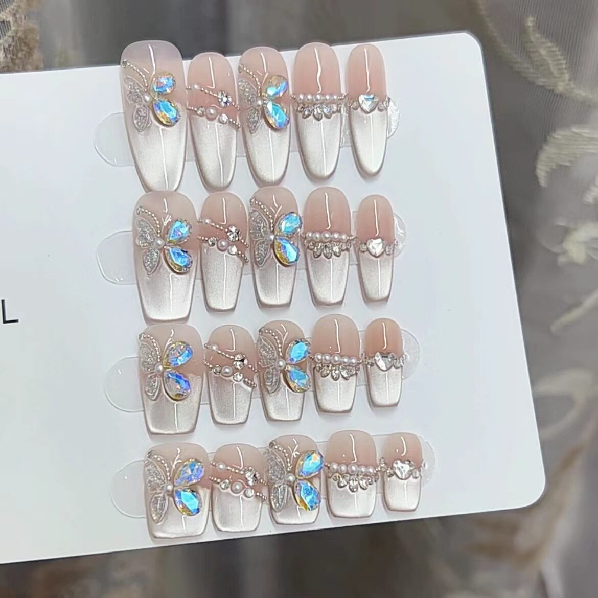 蝶姬猫眼重工纯手工穿戴甲晶石蝴蝶高级爆闪显白光疗甲可拆卸美甲