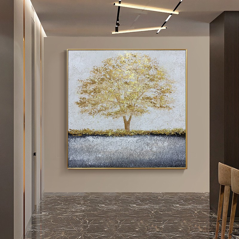 纯微喷晶瓷入户玄关挂画金色发财树装饰画玄幻方形壁画轻奢金箔画图片