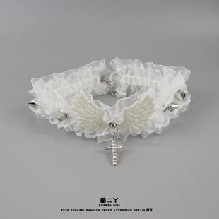 白色十字架翅膀蕾丝项圈女choker项链性感锁骨链颈带颈圈弹力腿环