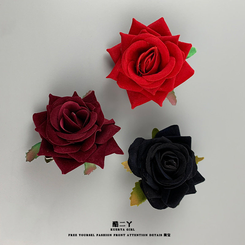 玫瑰花头饰发夹胸针两用复古黑色发饰拍照直播配饰红色侧边夹花朵