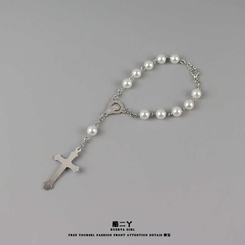白色串珠手链圣母十字架吊坠手环