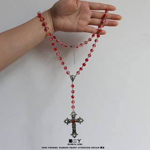 暗黑哥特风长款串珠十字架吊坠项链女小众y2k亚文化辣妹配饰2025