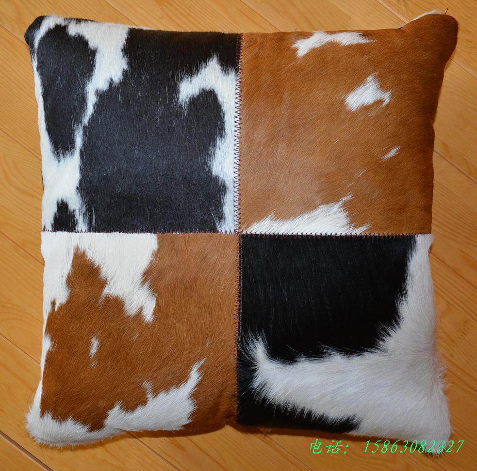 定制三色带芯B真皮毛奶牛皮25*25CM拼块沙发靠垫/抱枕 50*50cm