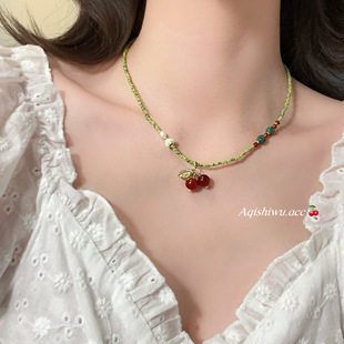 阿七 田园风樱桃淡水珍珠玛瑙项链女小众高级感甜美可爱锁骨链
