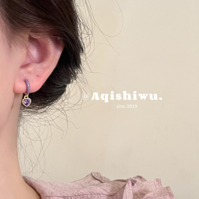 阿七 紫色爱心锆石耳环女小众设计高级感耳饰甜美气质百搭耳钉
