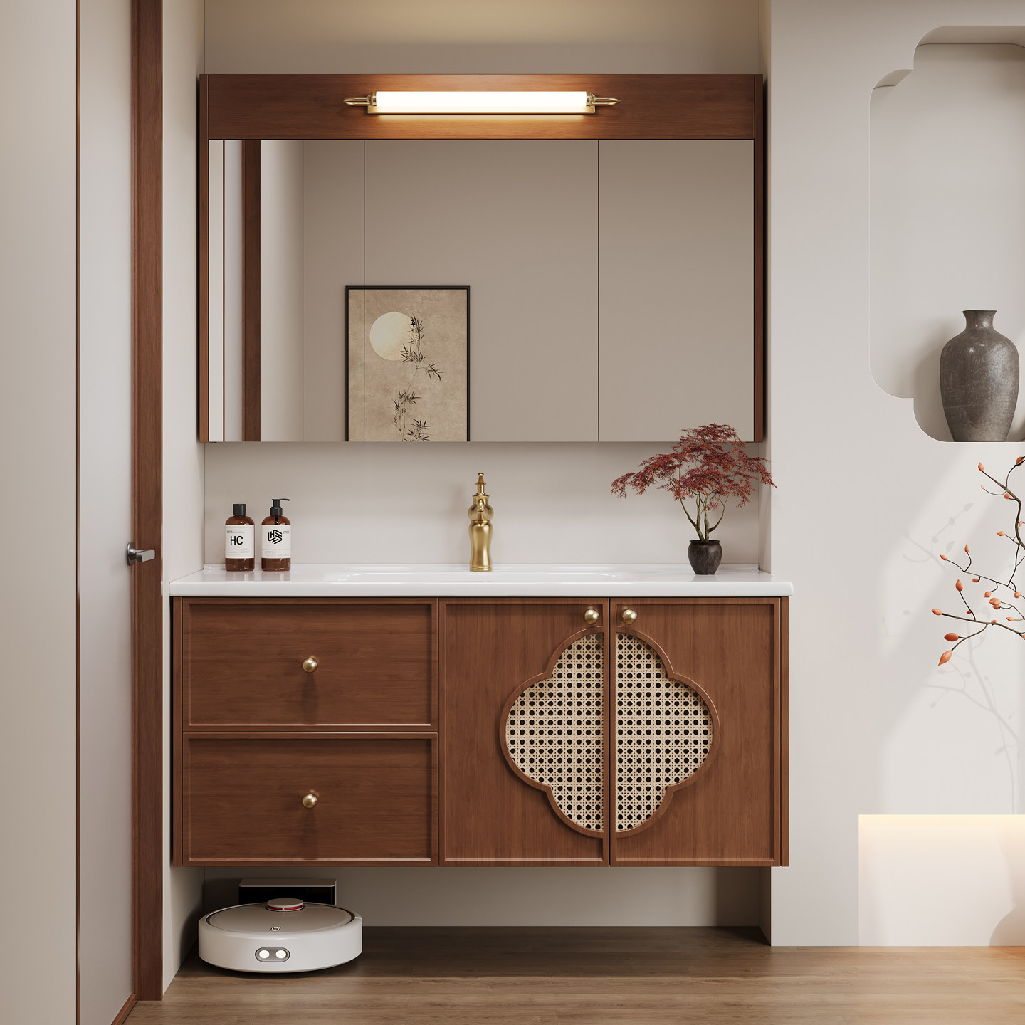 宋氏美学纯实木烤漆浴室柜组合梅花智能镜新中式洗手台陶瓷一体盆