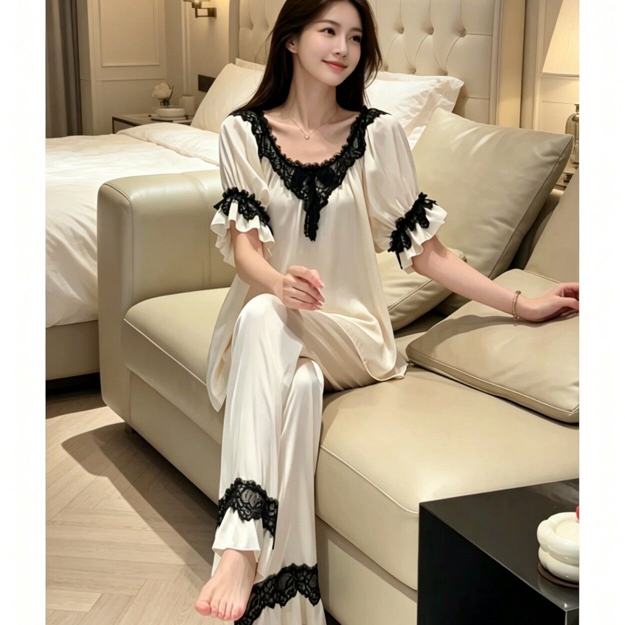 睡衣女冰丝带胸垫蕾丝可外穿2026新款纯欲风舒服丝绸家居服套装
