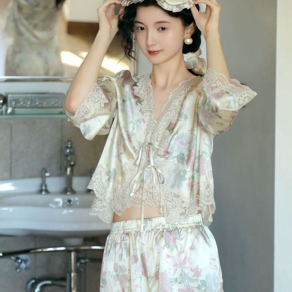冰丝睡衣女春夏重工印花蕾丝拼接开衫吊带套装女夏家居服套装可外
