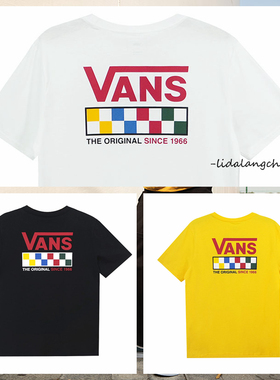 VANS经典格子黑白黄色LOGO休闲短袖T恤VN0A4URQWHT/URQBLK/URQ85W