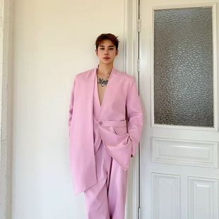 2025春秋季 男高級感潮牌痞帥禮服韓版 潮流西裝 兩件套 粉色西服套裝