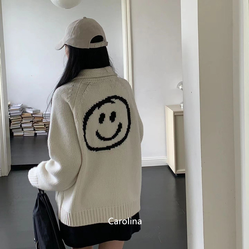 ooowl笑脸拉链毛衣羊毛针织开衫