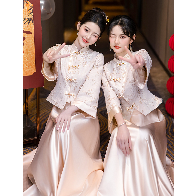 新中式伴娘服女长袖两件套旗袍裙